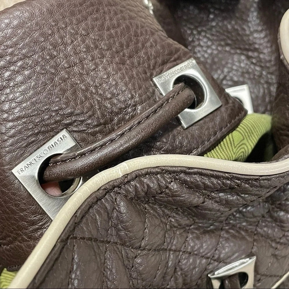 Francesco Biasia Brown 100% Calf Leather Perforated Fringe Bucket Bag Hobo - Picture 13 of 15